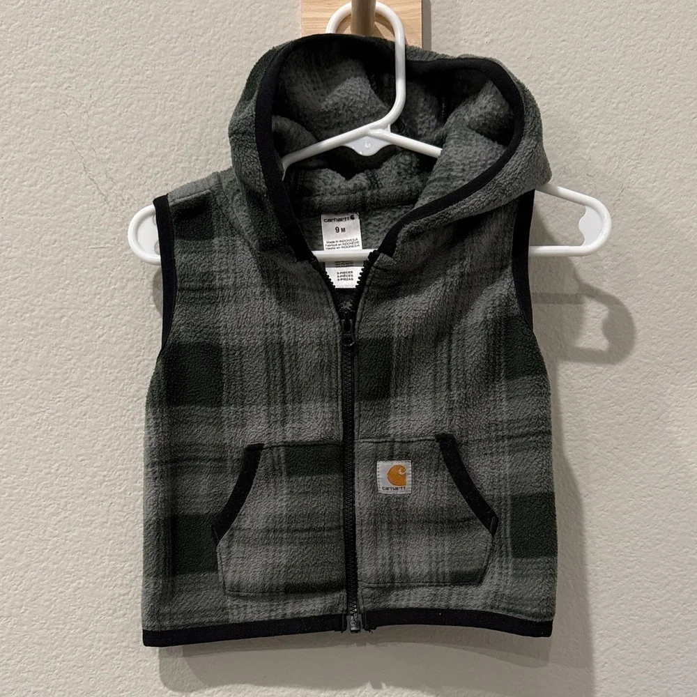 Carhartt Infant Green Plaid Hooded Vest 9‎ Months